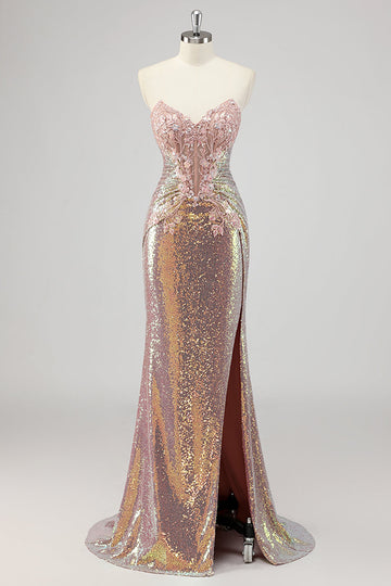 Vestido de fiesta de lentejuelas con corsé de sirena sin tirantes